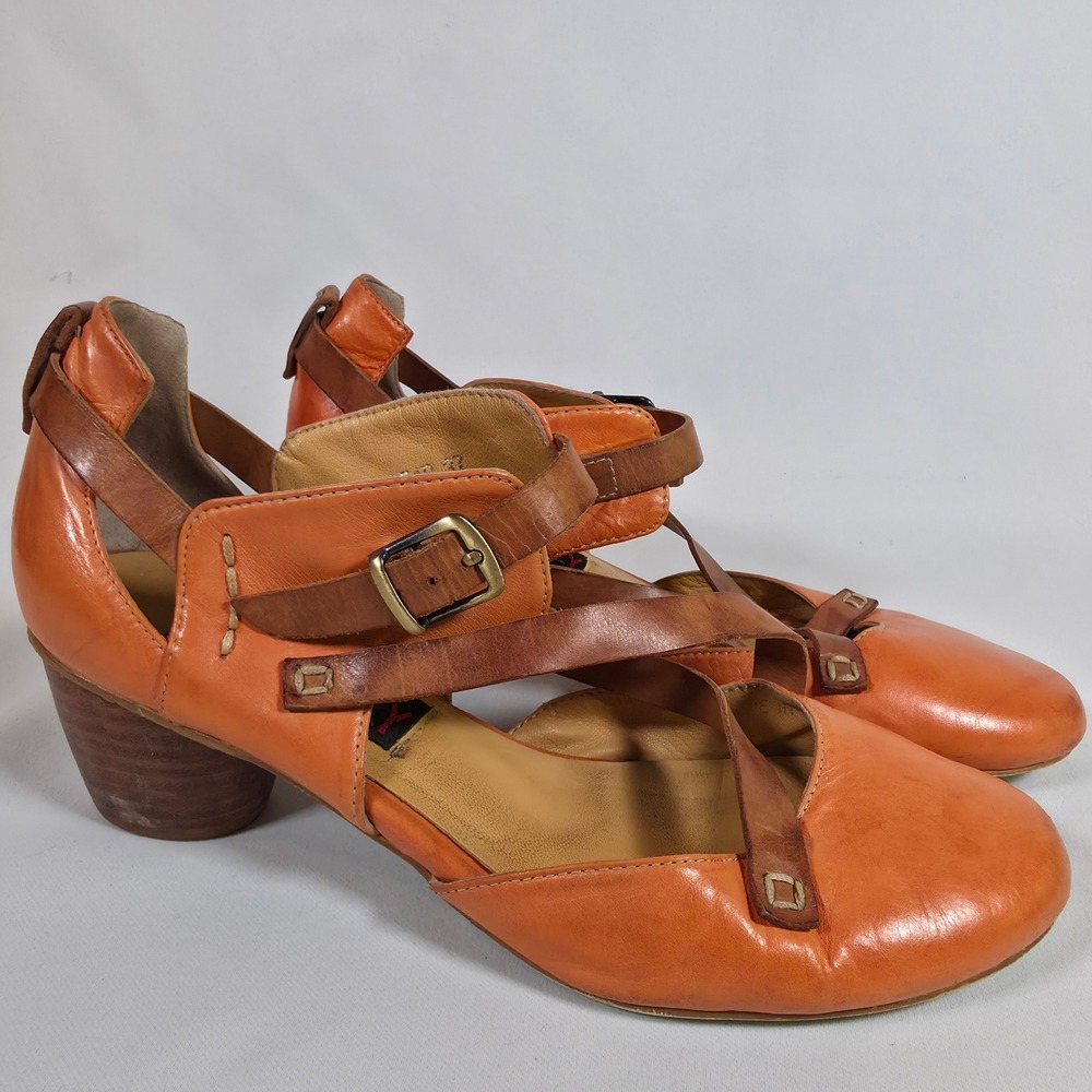 Everybody by BZ Moda Orange Leather Strappy Block Heel Pump Womens 37 Italian